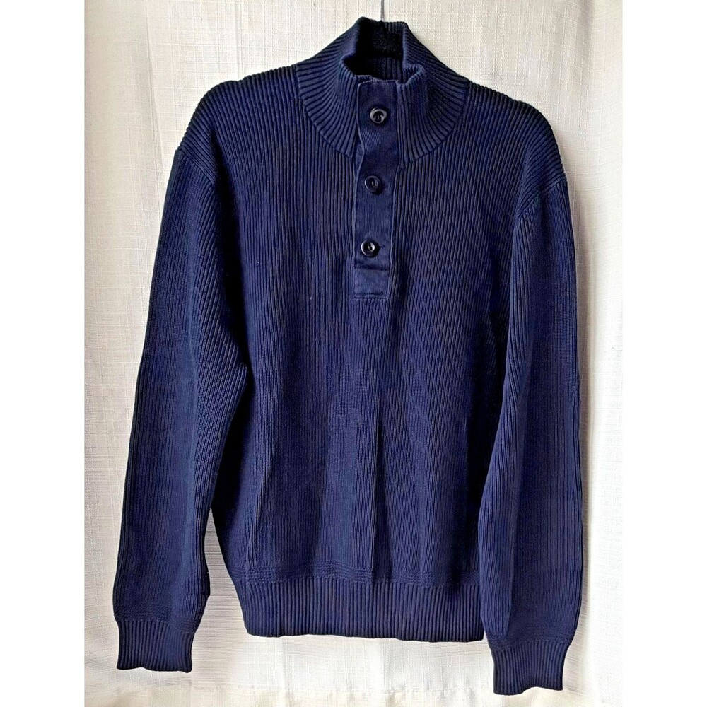 Polo Ralph Lauren Men L Navy Blue Button Mock Neck Ribbed Cotton Sweater